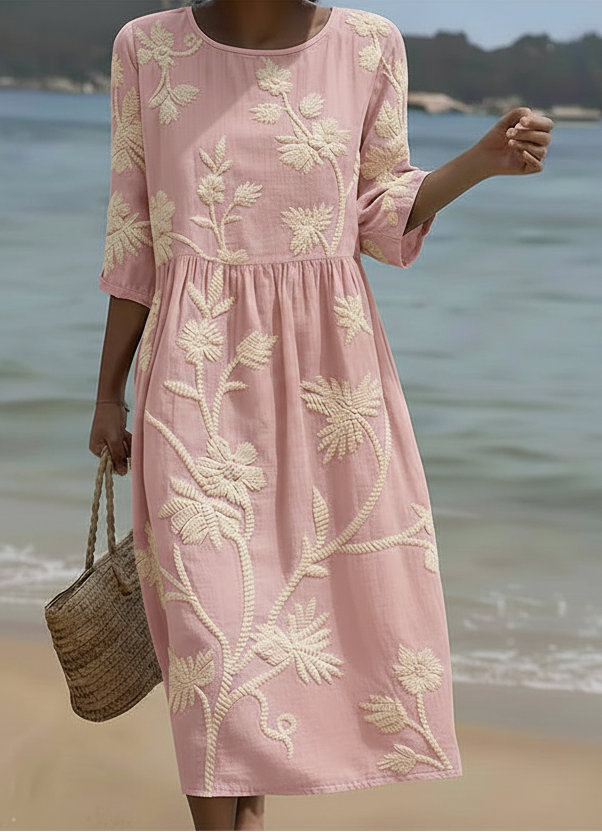 Vestido Floral Bordado Rosa Palo