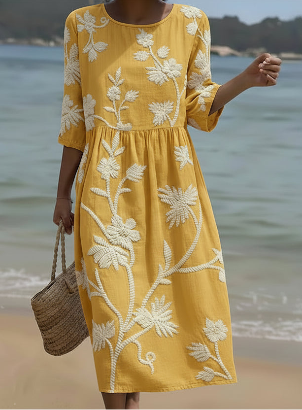 Vestido Floral Bordado Mostaza