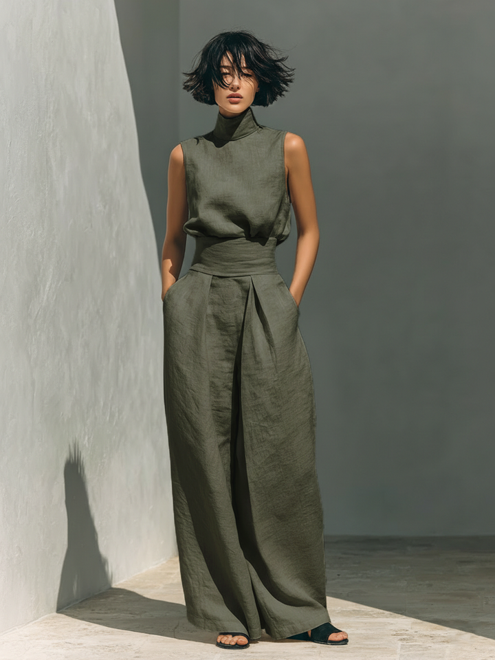 Inés | Conjunto minimalista de lino con top sin mangas y pantalón amplio