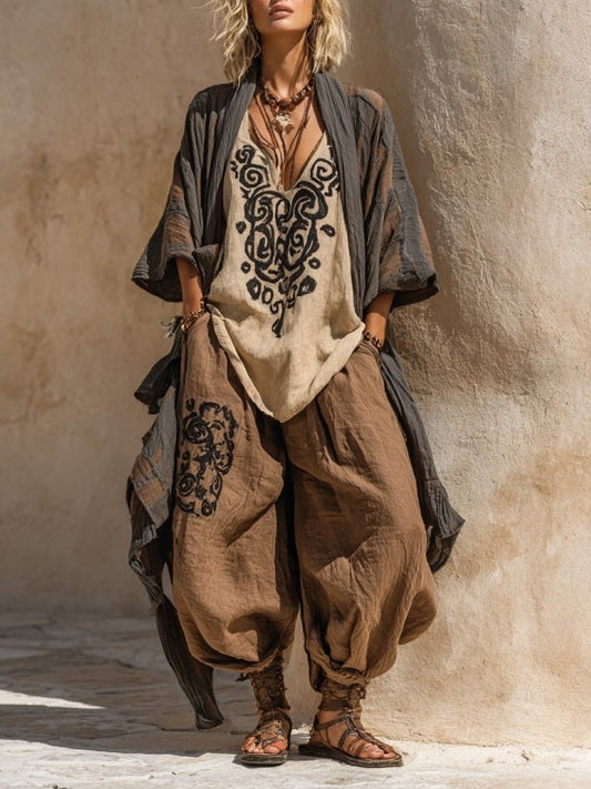 Rebeca | Conjunto bohemio de tres piezas fluido con estampado artístico