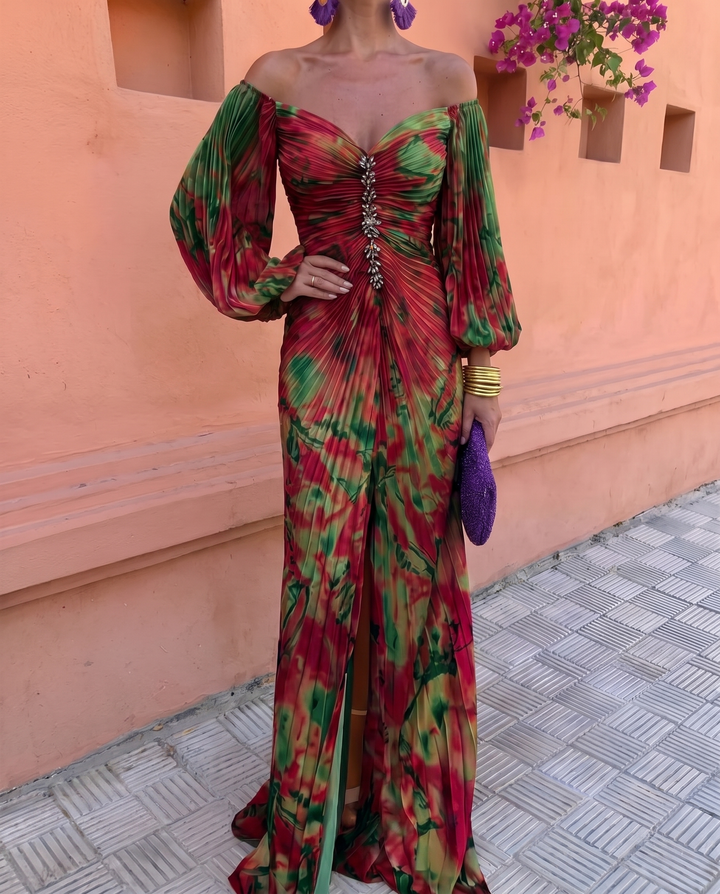 Vestido Gregoria rojo y verde, lateral con abertura