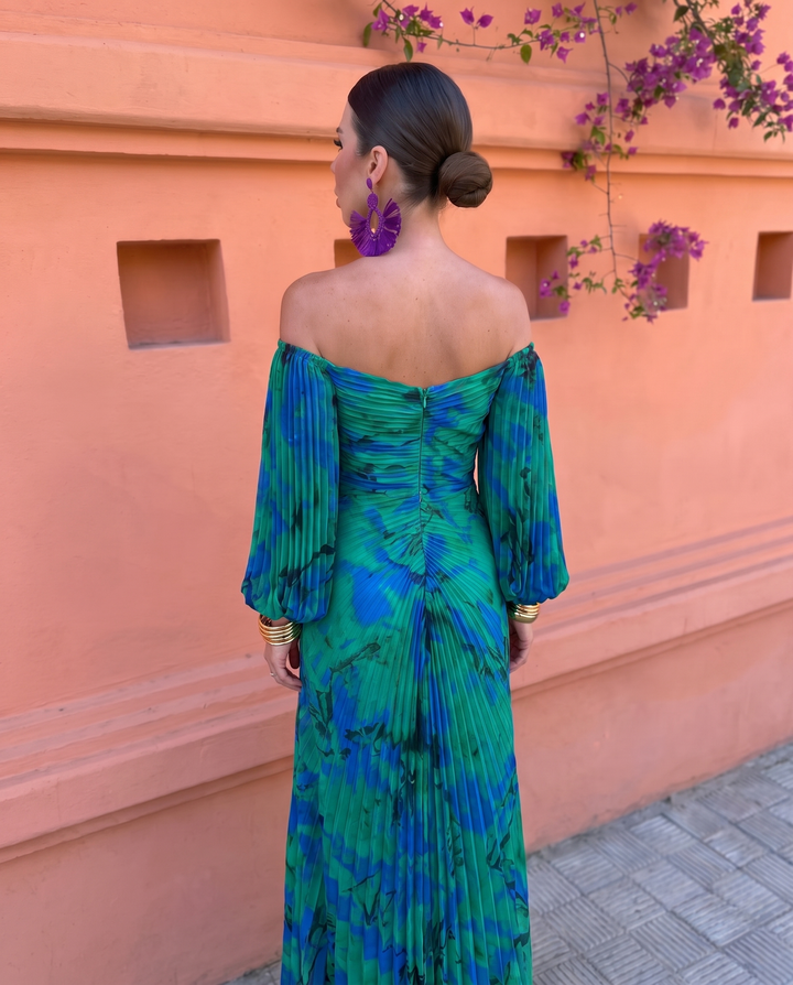 Vestido Gregoria verde y azul, espalda