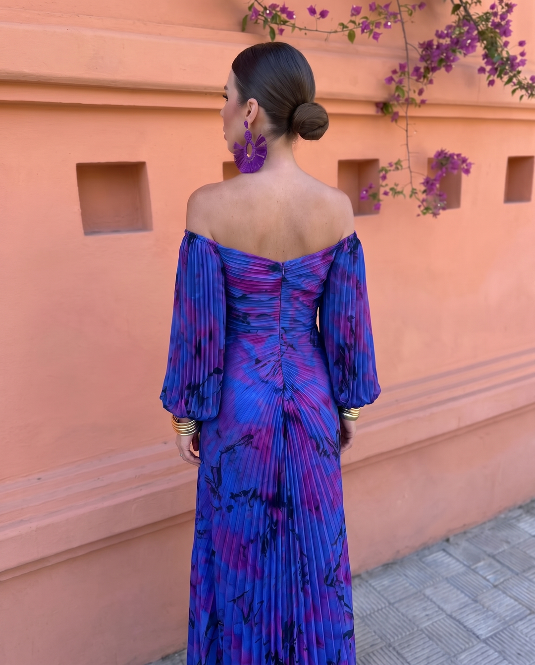 Vestido Gregoria azul y morado, espalda