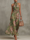 Marta | Vestido largo floral en chiffon con escote halter