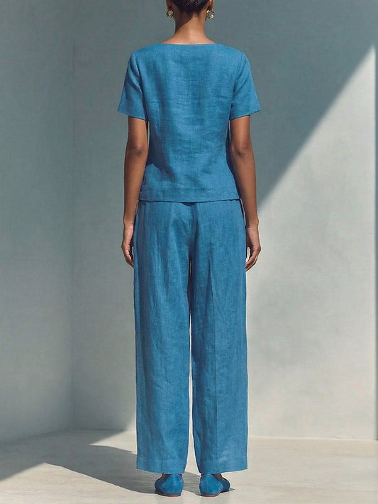 Natalia | Conjunto de lino y algodón con top de manga corta y pantalón amplio