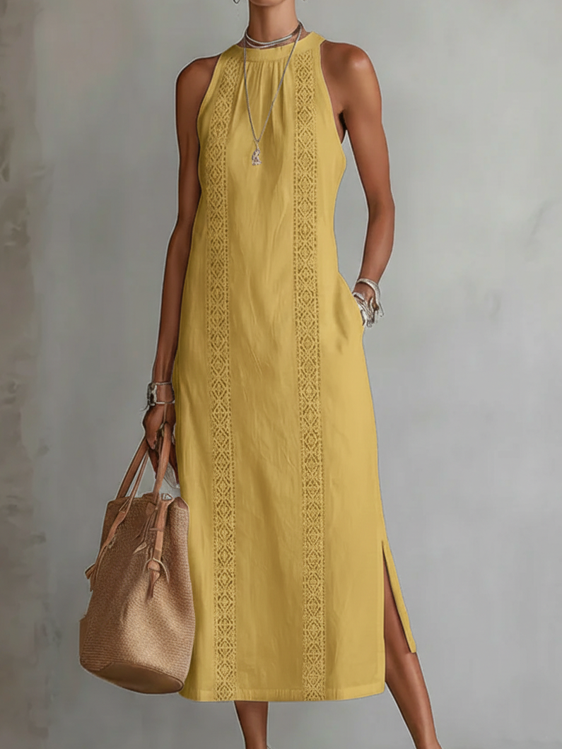 Jimena | Vestido amarillo midi de lino con cuello mao