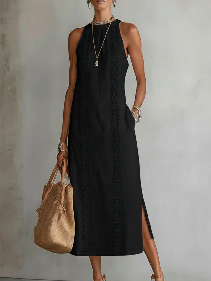 Jimena | Vestido negro midi de lino con cuello mao